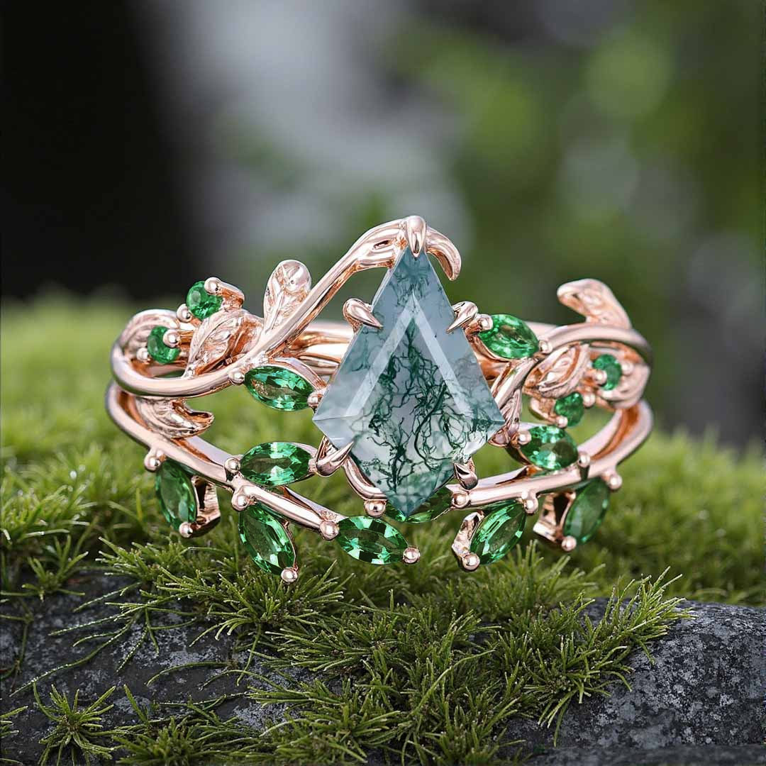 1CT Kite Cut Moss Agate Engagement Rings Sets In Sterling Silver