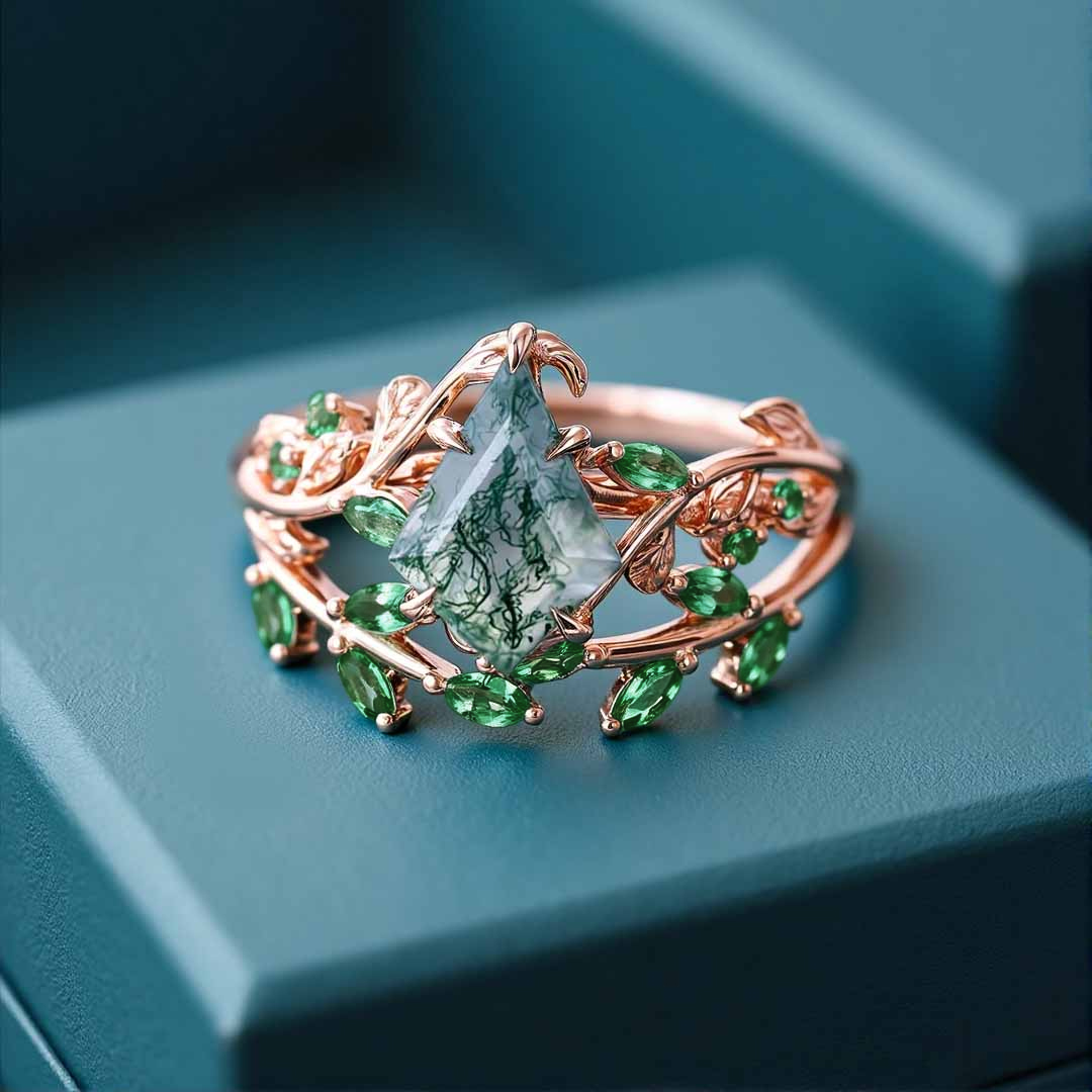 1CT Kite Cut Moss Agate Engagement Rings Sets In Sterling Silver