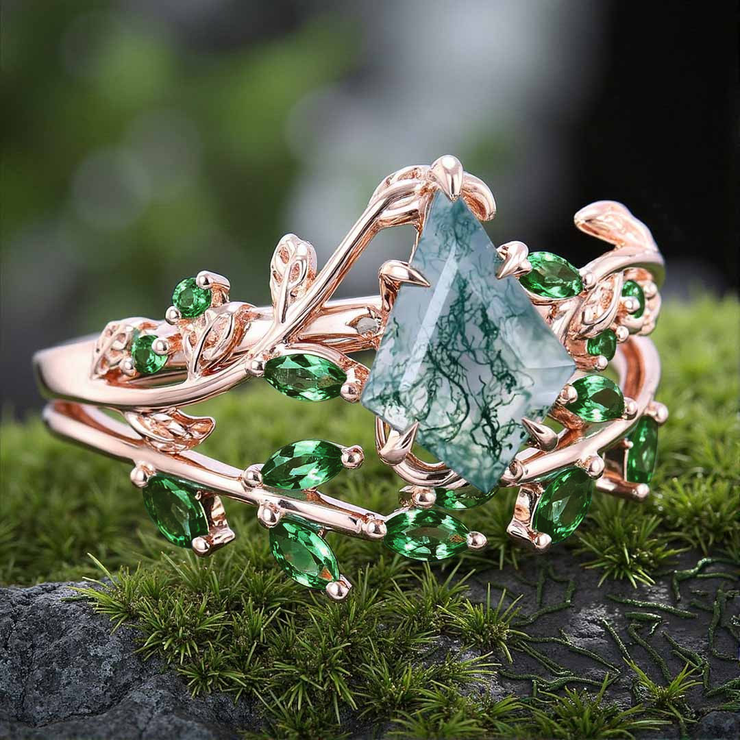1CT Kite Cut Moss Agate Engagement Rings Sets In Sterling Silver