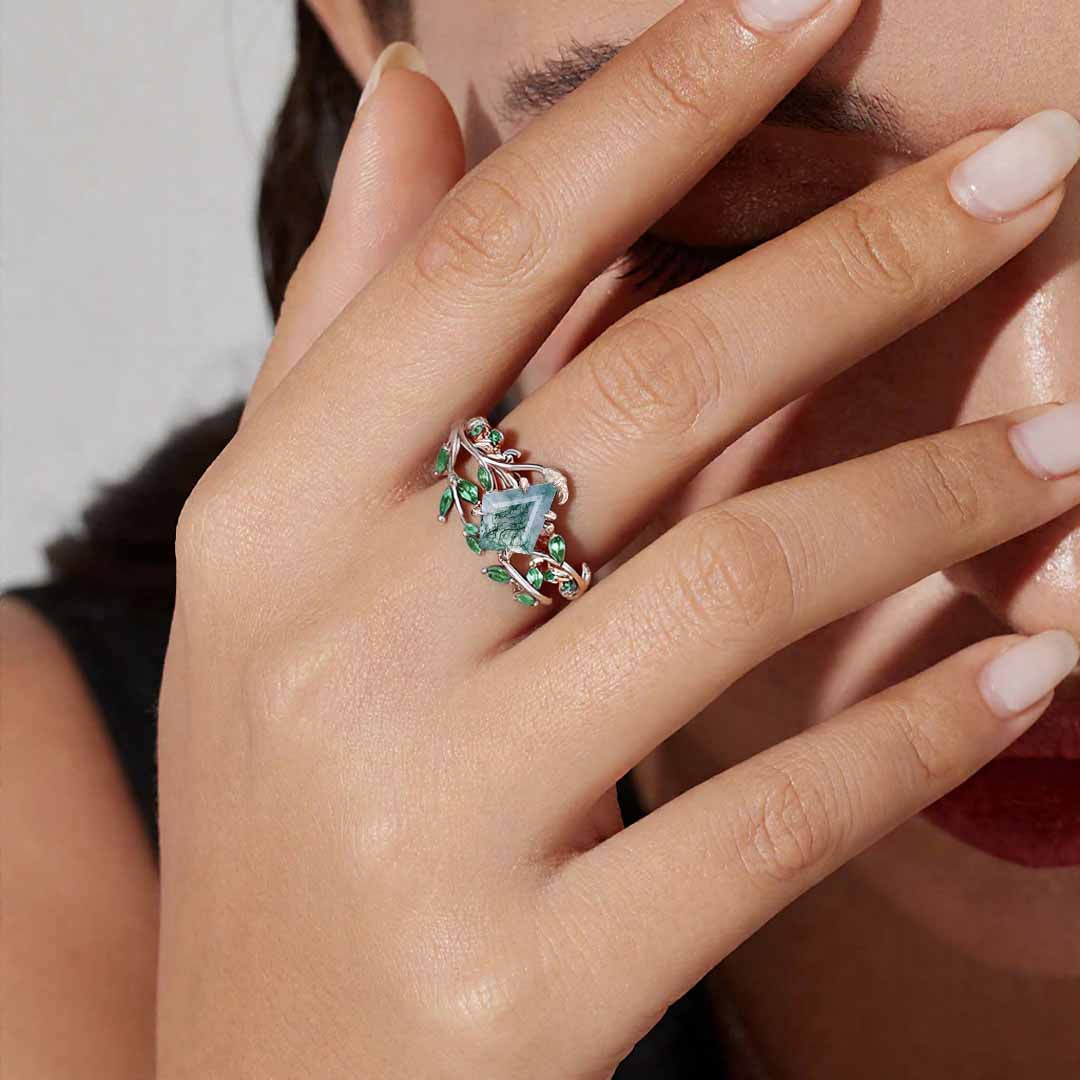 1CT Kite Cut Moss Agate Engagement Rings Sets In Sterling Silver