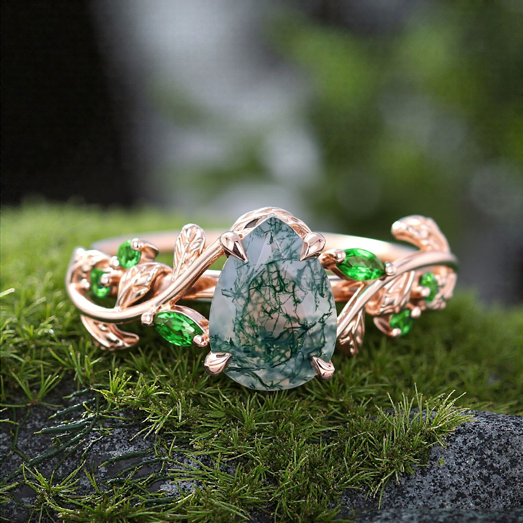 1CT Pear Cut Moss Agate Engagement Rings In Sterling Silver