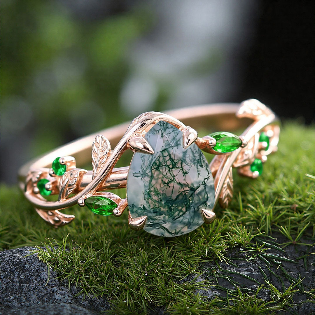 1CT Pear Cut Moss Agate Engagement Rings In Sterling Silver