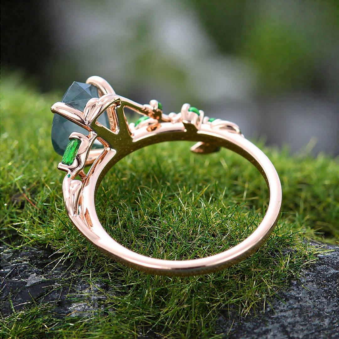 1CT Pear Cut Moss Agate Engagement Rings In Sterling Silver