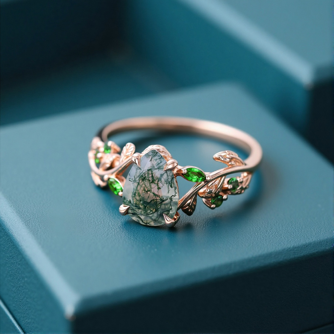 1CT Pear Cut Moss Agate Engagement Rings In Sterling Silver