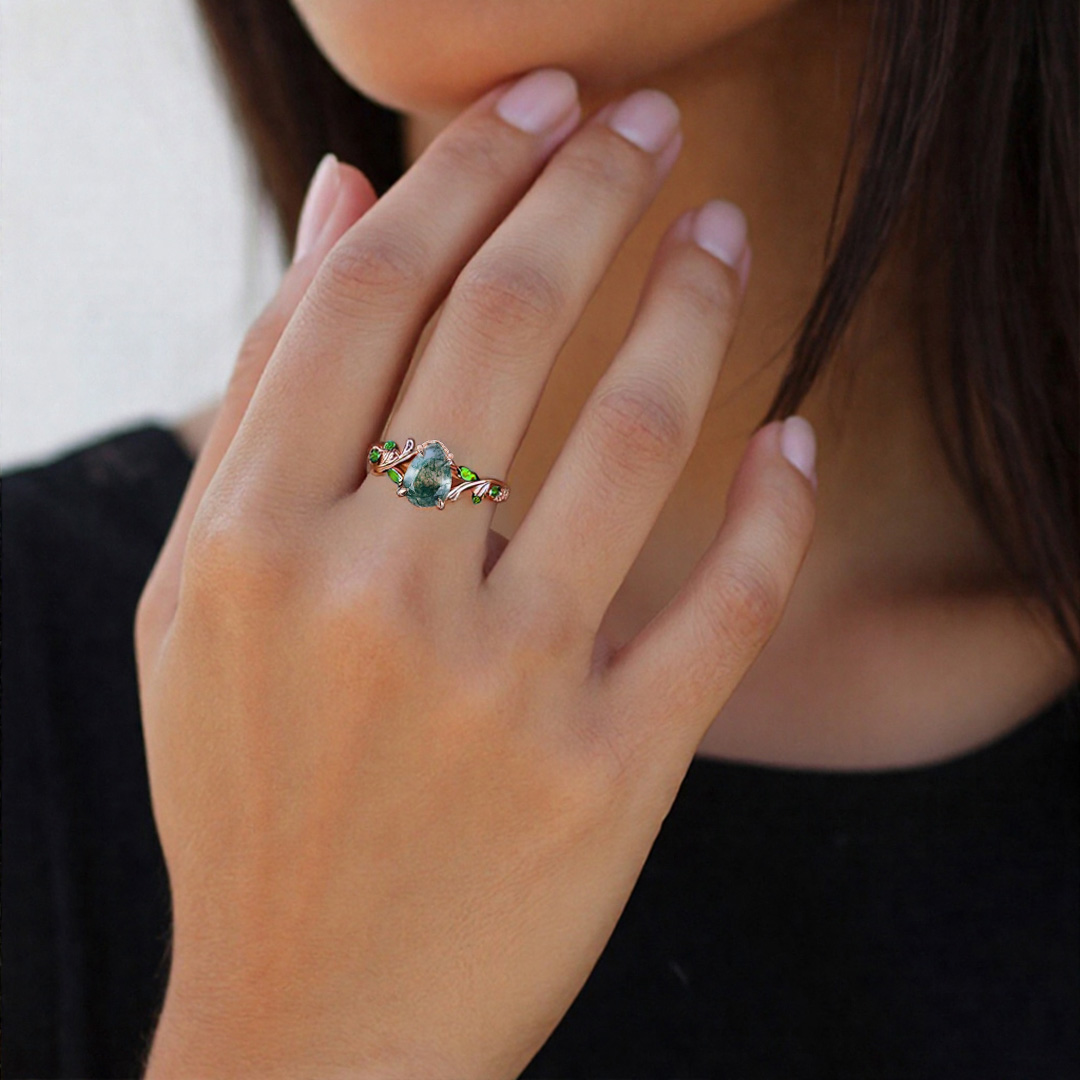 1CT Pear Cut Moss Agate Engagement Rings In Sterling Silver