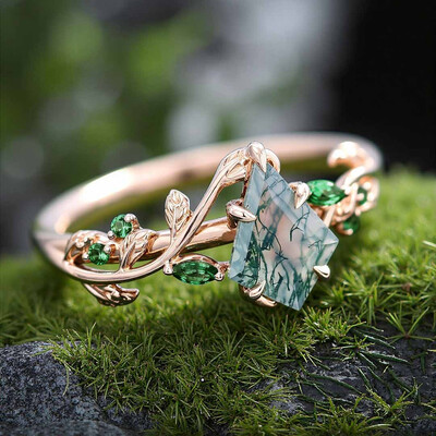 1CT Kite Cut Moss Agate Engagement Rings In Sterling Silver