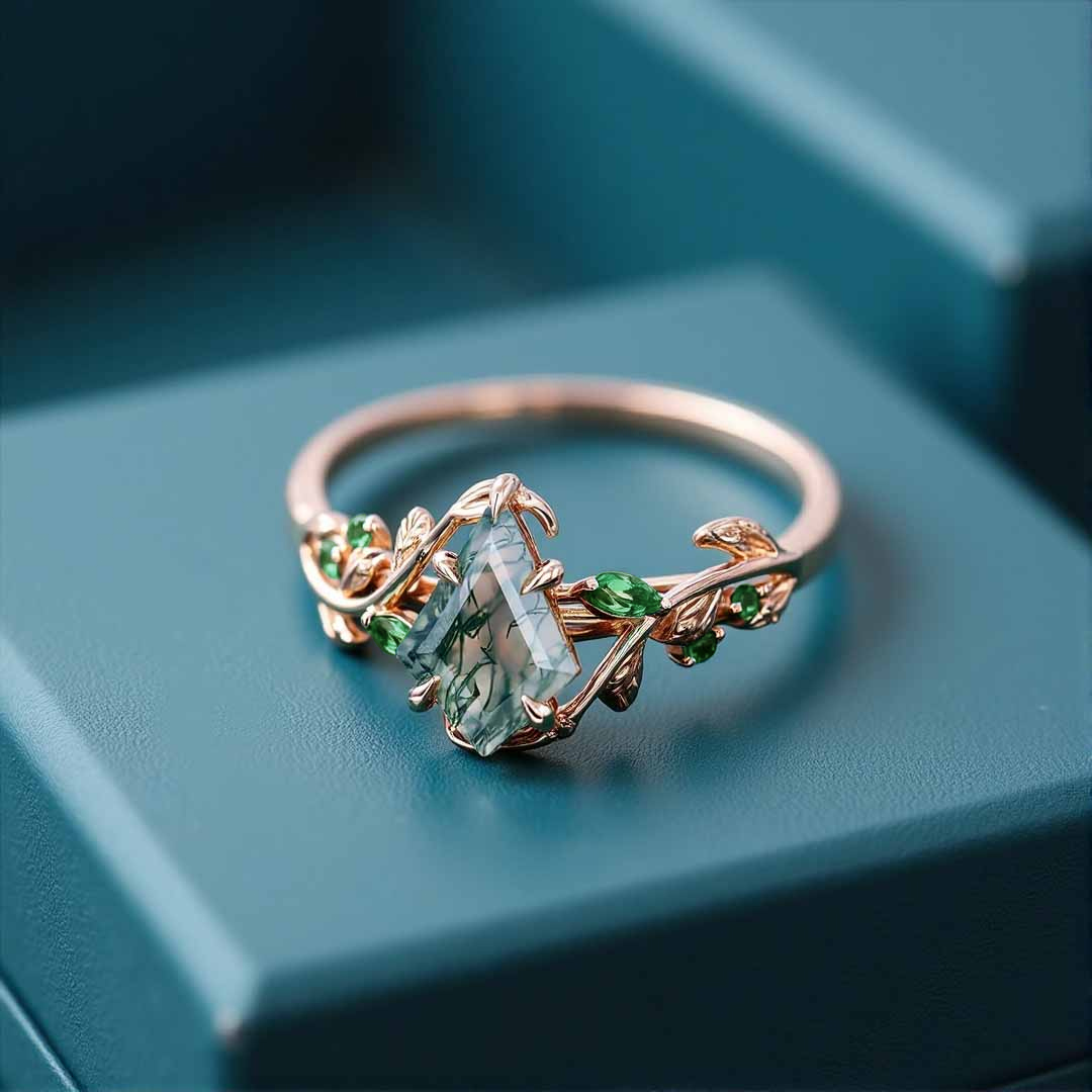 1CT Kite Cut Moss Agate Engagement Rings In Sterling Silver