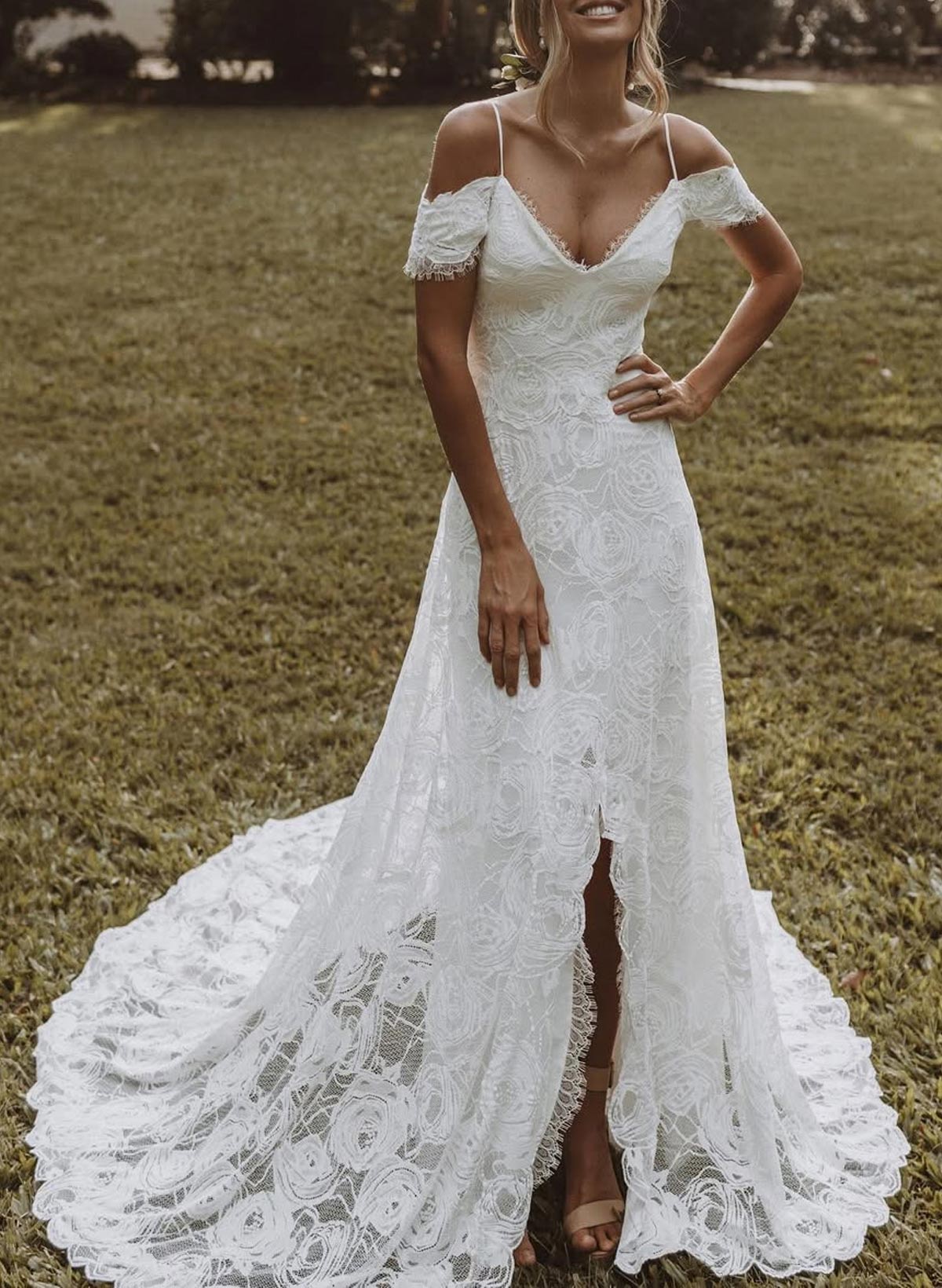 Elegant Off-The-Shoulder Sleeveless A-Line Court Train Lace Wedding Dresses With Split Front