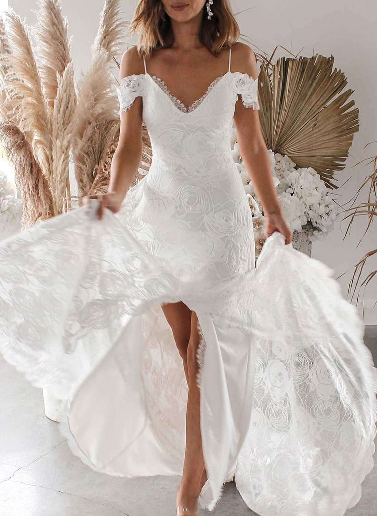 Elegant Off-The-Shoulder Sleeveless A-Line Court Train Lace Wedding Dresses With Split Front