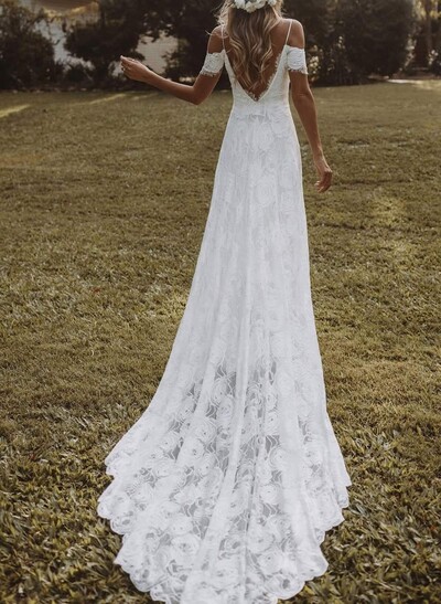 Elegant Off-The-Shoulder Sleeveless A-Line Court Train Lace Wedding Dresses With Split Front