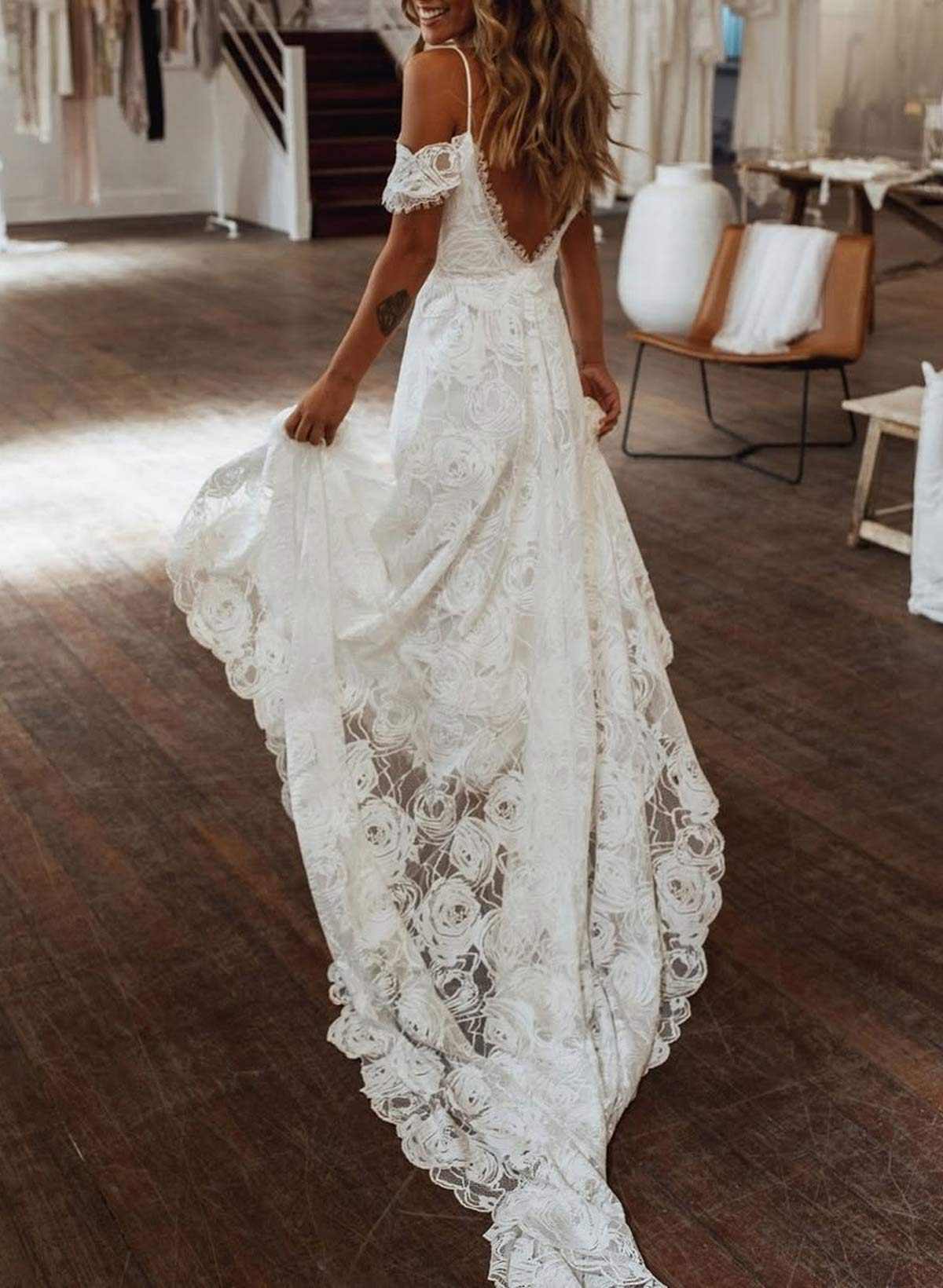 Elegant Off-The-Shoulder Sleeveless A-Line Court Train Lace Wedding Dresses With Split Front