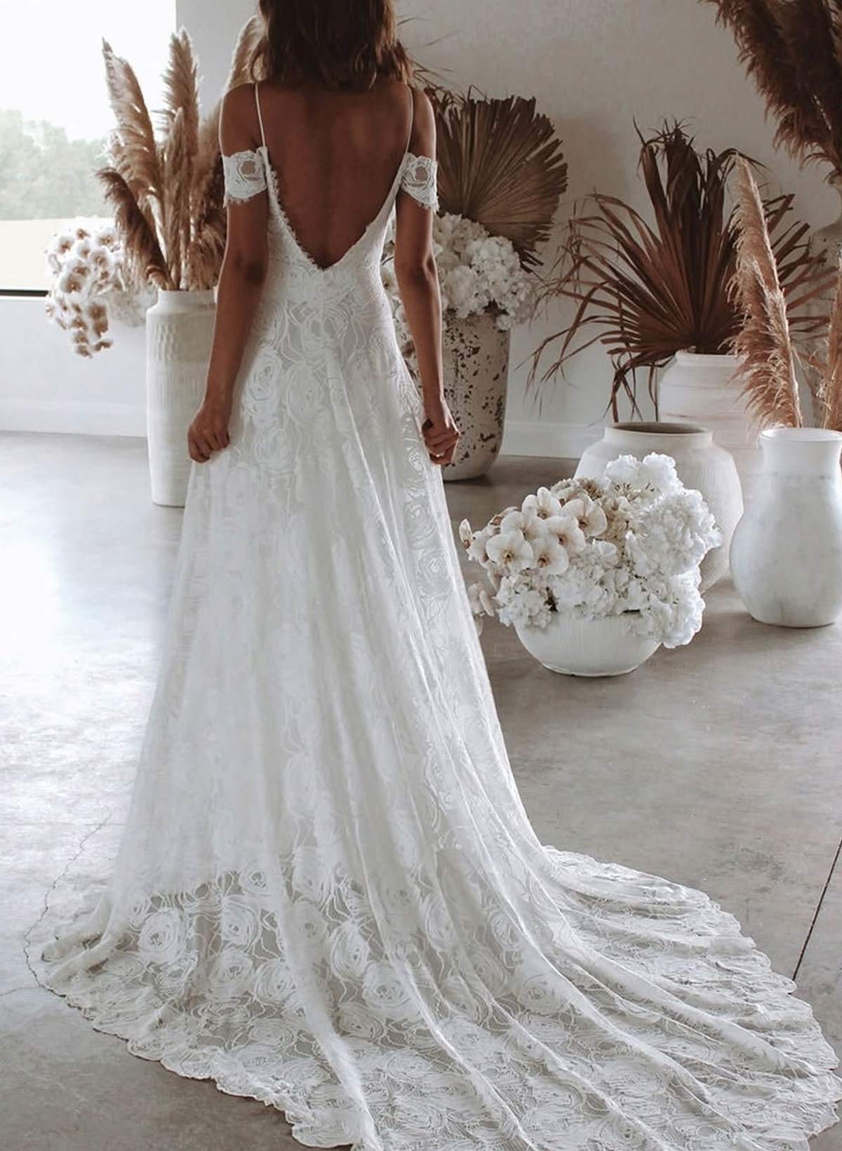 Elegant Off-The-Shoulder Sleeveless A-Line Court Train Lace Wedding Dresses With Split Front