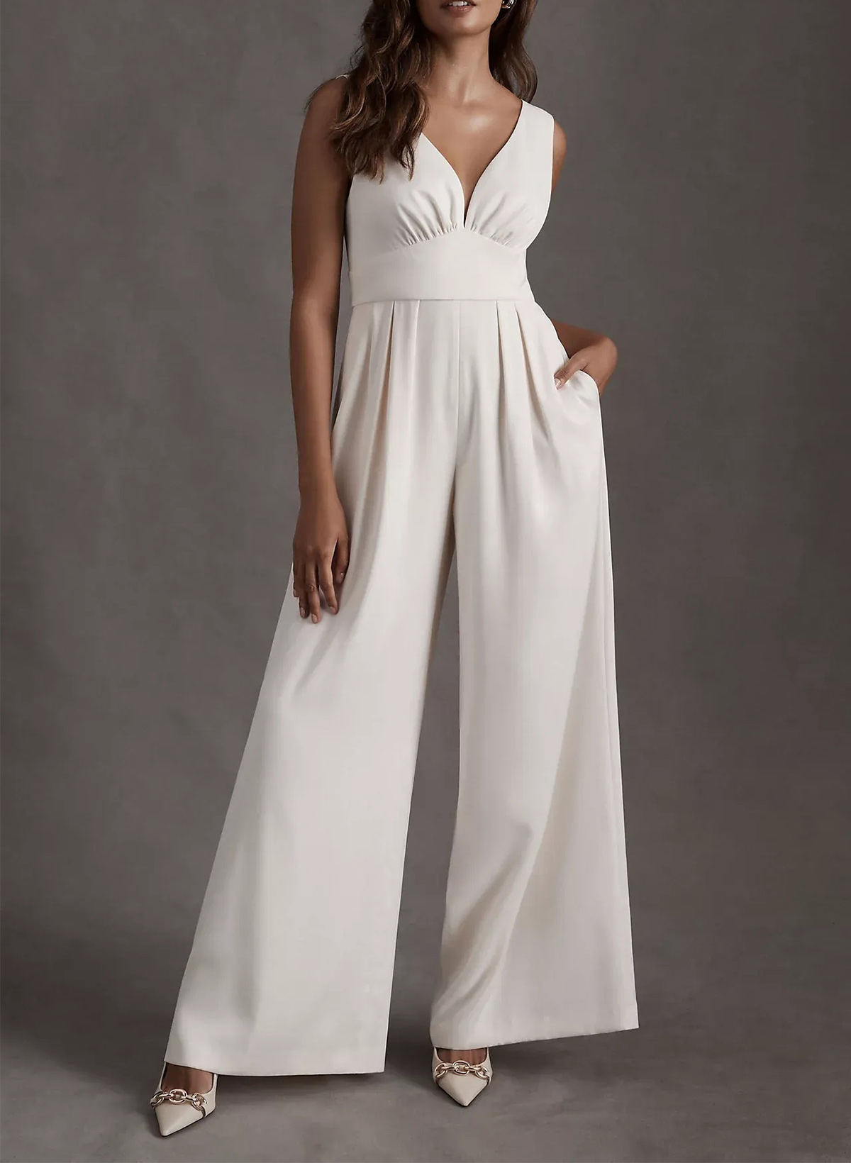 Jumpsuit/Pantsuit Plunge Neck Sleeveless Floor-Length Elastic Satin Wedding Dresses
