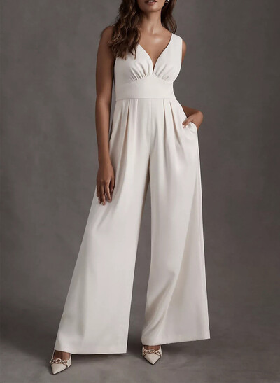 Jumpsuit/Pantsuit Plunge Neck Sleeveless Floor-Length Elastic Satin Wedding Dresses
