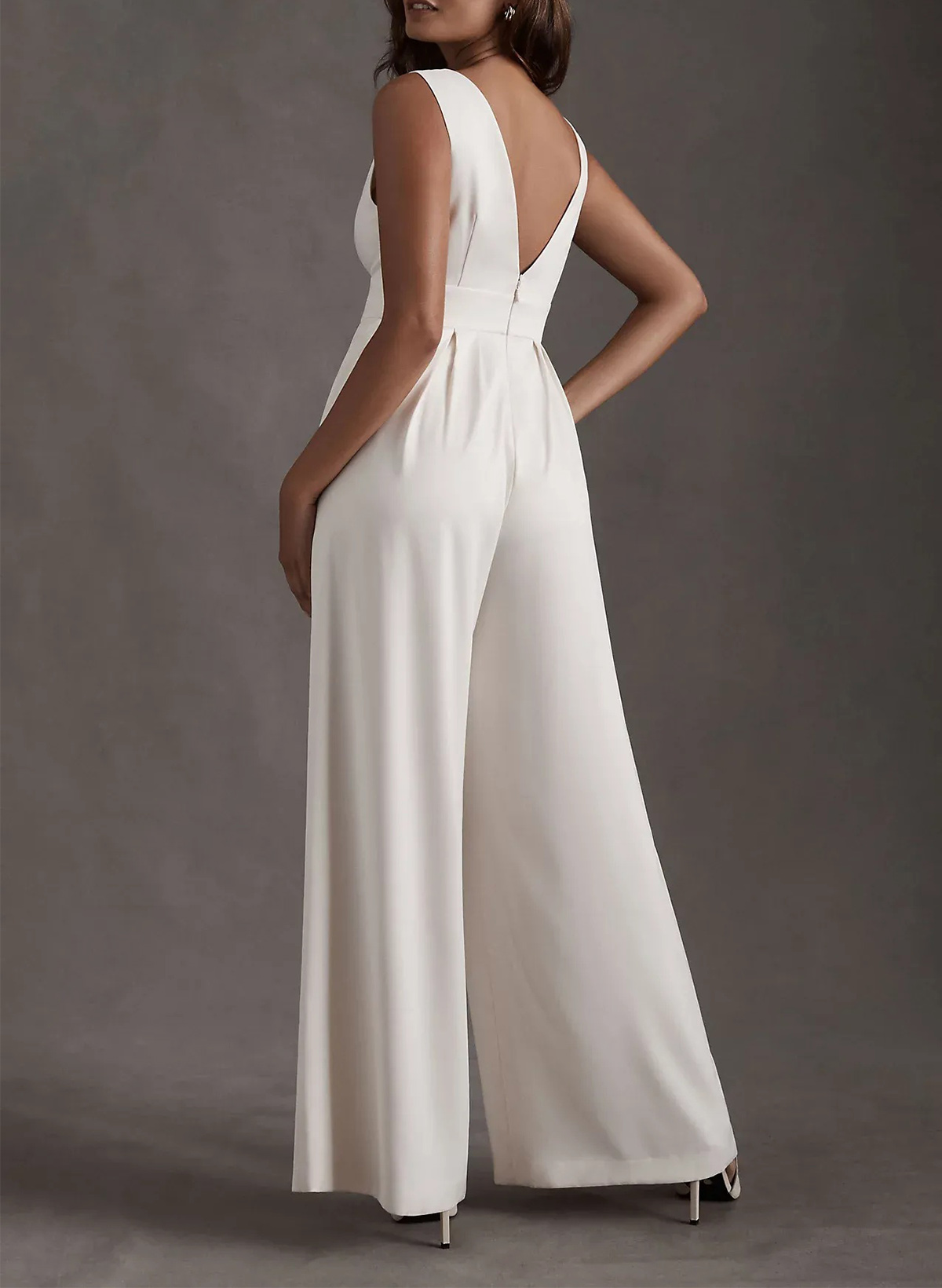 Jumpsuit/Pantsuit Plunge Neck Sleeveless Floor-Length Elastic Satin Wedding Dresses
