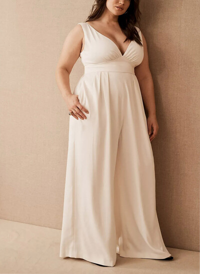 Jumpsuit/Pantsuit Plunge Neck Sleeveless Floor-Length Elastic Satin Wedding Dresses