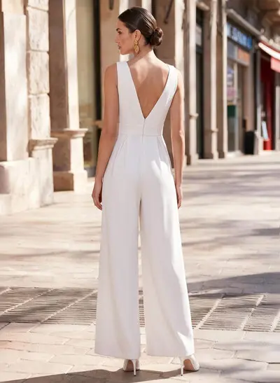 Jumpsuit/Pantsuit Plunge Neck Sleeveless Floor-Length Elastic Satin Wedding Dresses