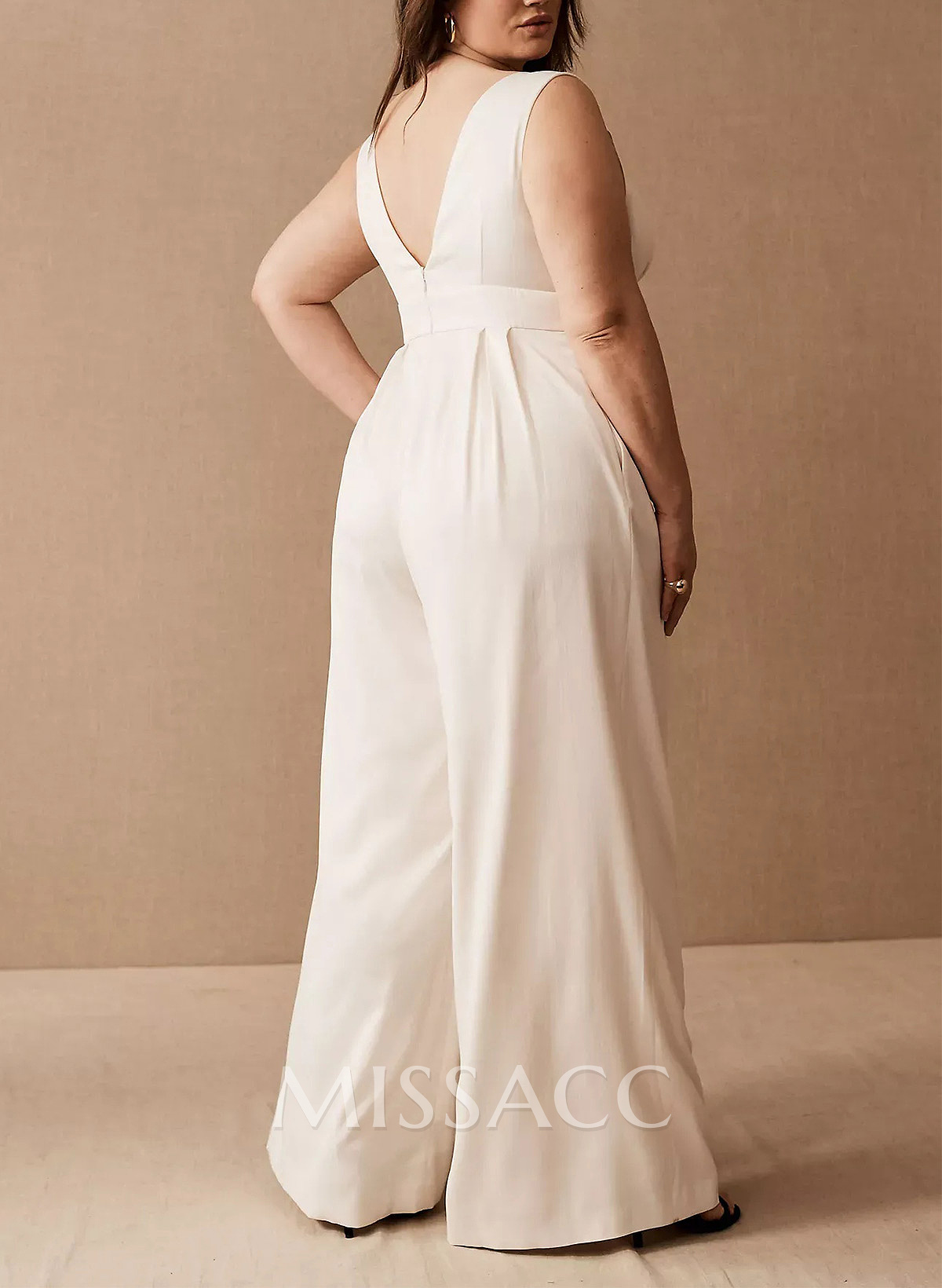 Jumpsuit/Pantsuit Plunge Neck Sleeveless Floor-Length Elastic Satin Wedding Dresses