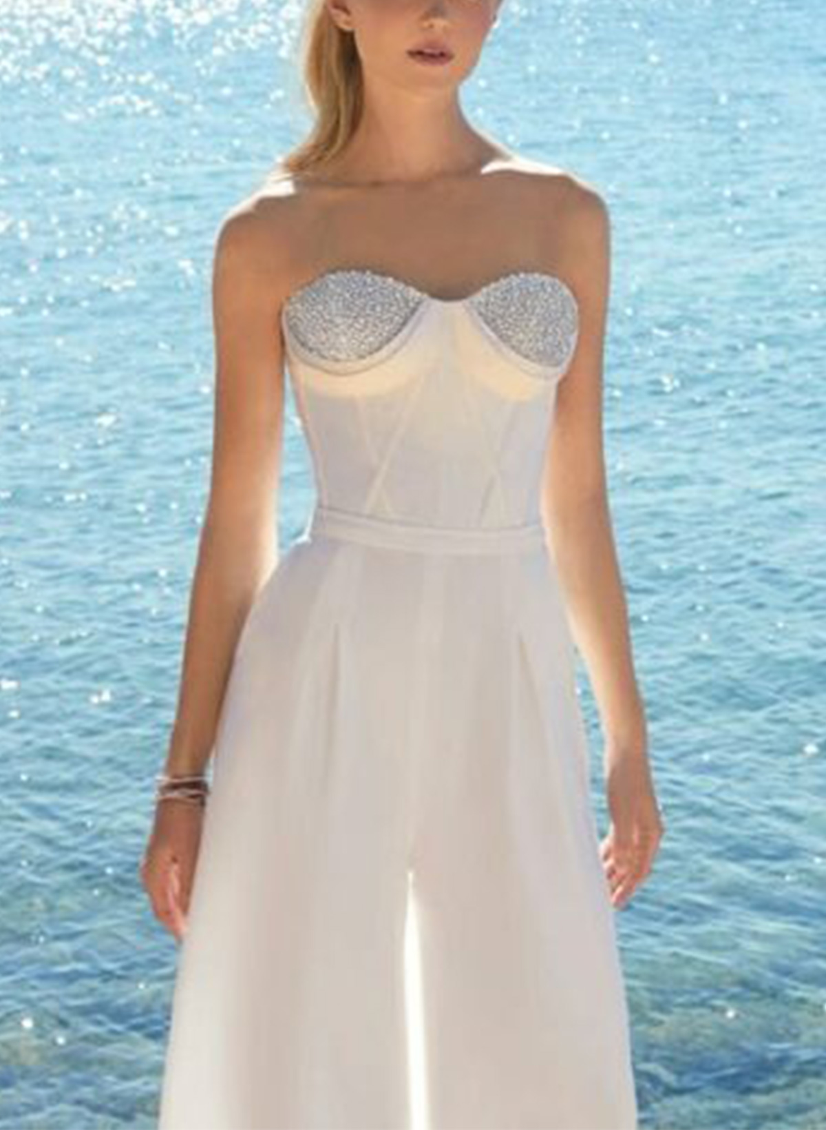 Jumpsuit/Pantsuit Sweetheart Floor-Length Elastic Satin Wedding Dresses With Beading