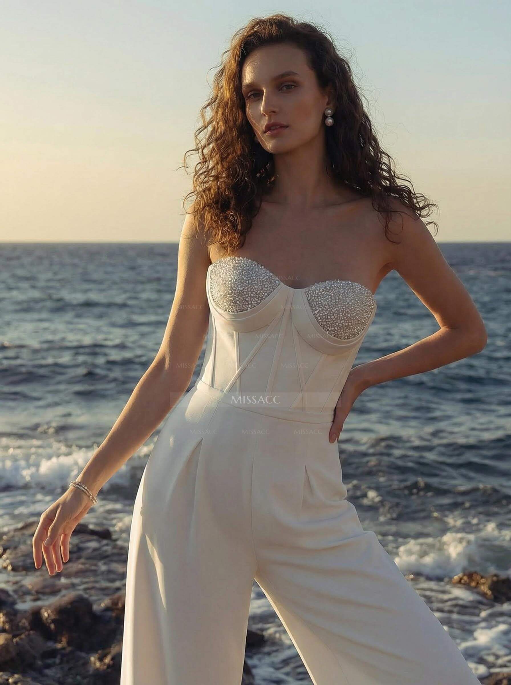 Jumpsuit/Pantsuit Sweetheart Floor-Length Elastic Satin Wedding Dresses With Beading