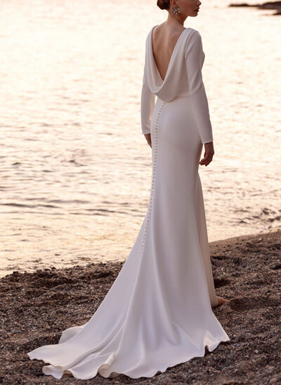 Trumpet/Mermaid Long Sleeves Sweep Train Elastic Satin Wedding Dresses With High Split