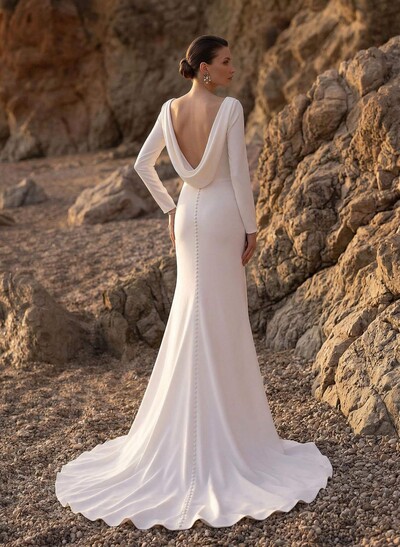 Trumpet/Mermaid Long Sleeves Sweep Train Elastic Satin Wedding Dresses With High Split