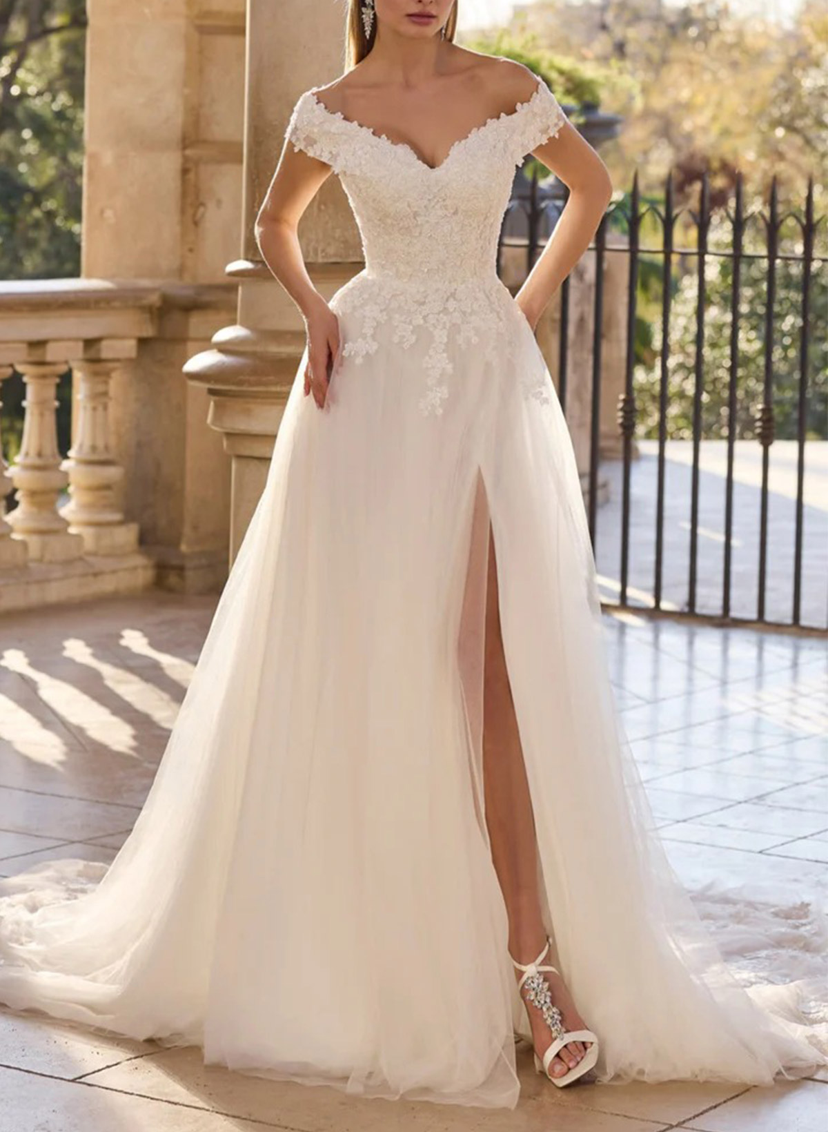A-Line Off-The-Shoulder Sweep Train Wedding Dresses With Appliques Lace/High Split