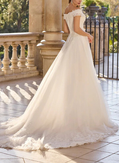 A-Line Off-The-Shoulder Sweep Train Wedding Dresses With Appliques Lace/High Split