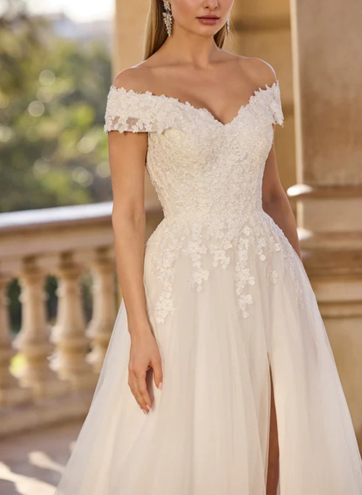 A-Line Off-The-Shoulder Sweep Train Wedding Dresses With Appliques Lace/High Split