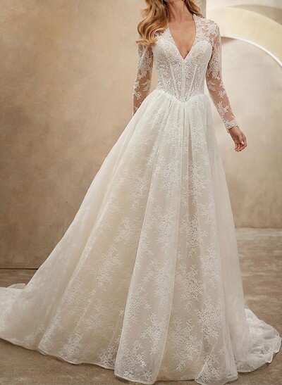 A-Line Plunge Neck Long Sleeves Court Train Wedding Dresses With Appliques Lace
