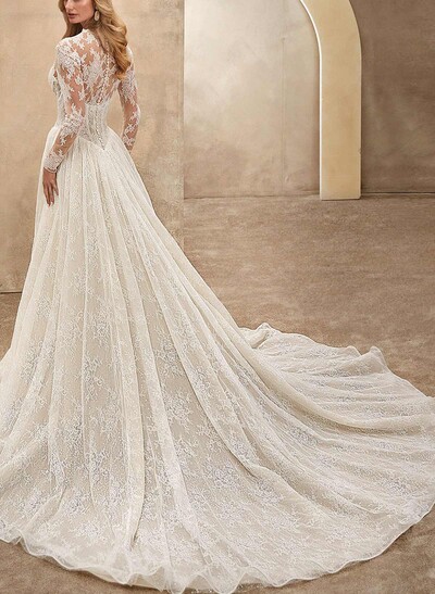 A-Line Plunge Neck Long Sleeves Court Train Wedding Dresses With Appliques Lace