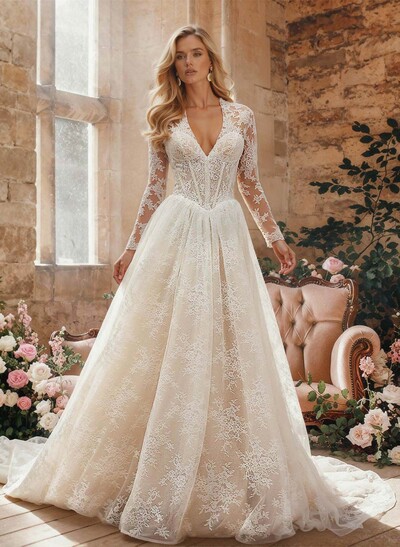A-Line Plunge Neck Long Sleeves Court Train Wedding Dresses With Appliques Lace