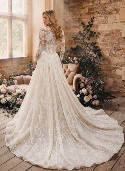 A-Line Plunge Neck Long Sleeves Court Train Wedding Dresses With Appliques Lace
