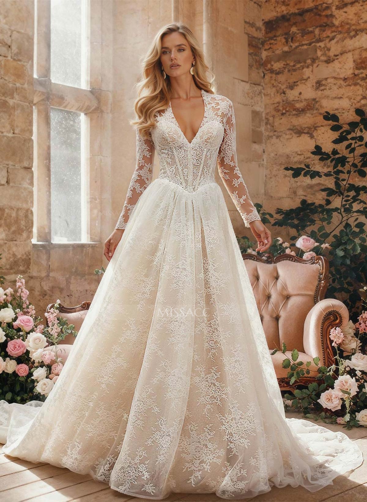 A-Line Plunge Neck Long Sleeves Court Train Wedding Dresses With Appliques Lace