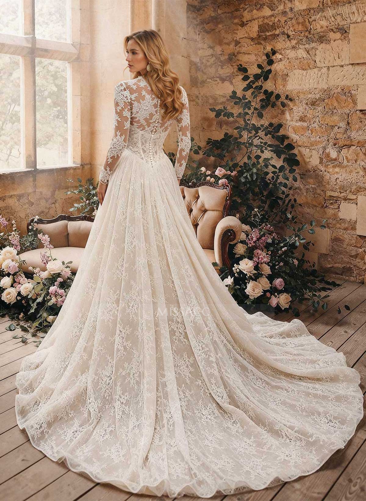 A-Line Plunge Neck Long Sleeves Court Train Wedding Dresses With Appliques Lace