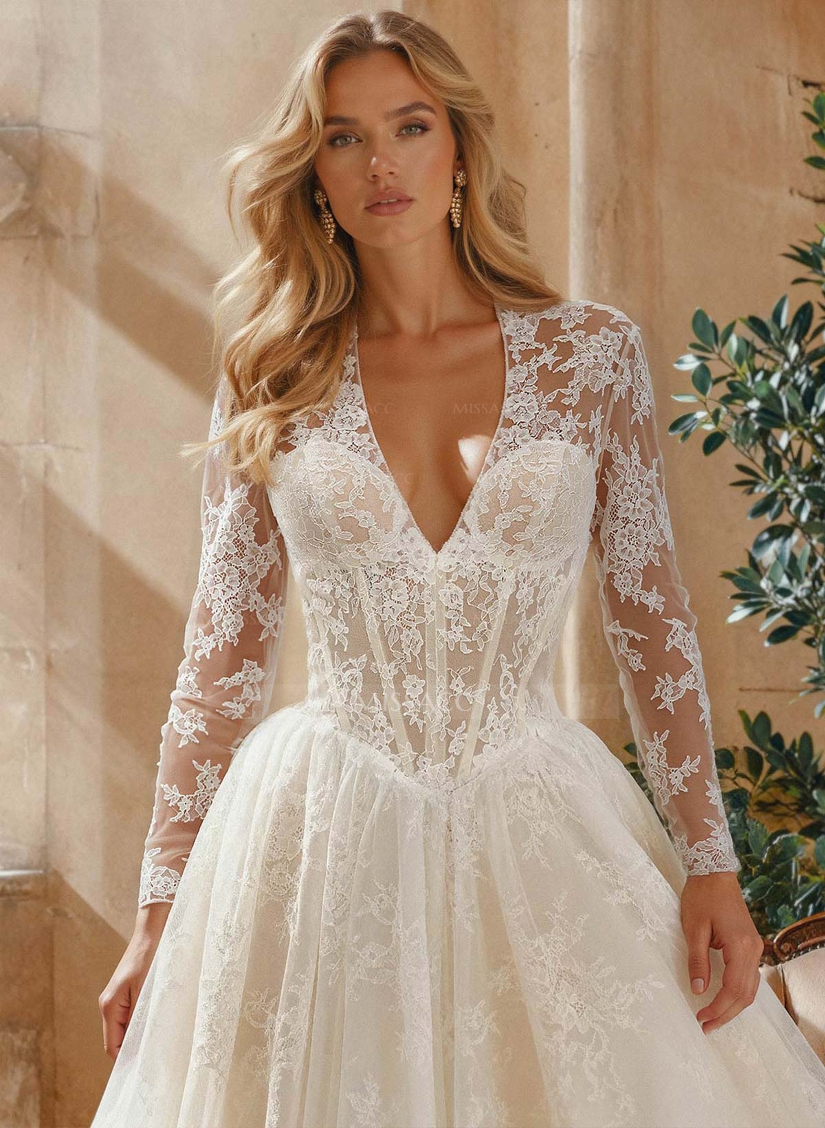 A-Line Plunge Neck Long Sleeves Court Train Wedding Dresses With Appliques Lace