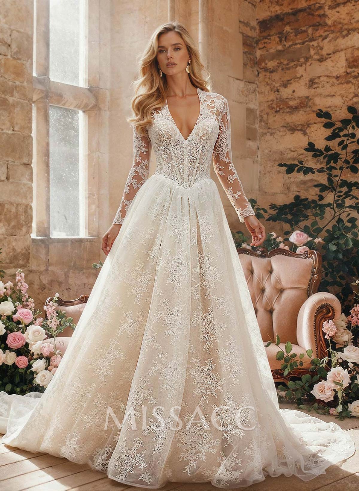 A-Line Plunge Neck Long Sleeves Court Train Wedding Dresses With Appliques Lace A-Line Plunge Neck Long Sleeves Court Train Wedding Dresses With Appliques Lace