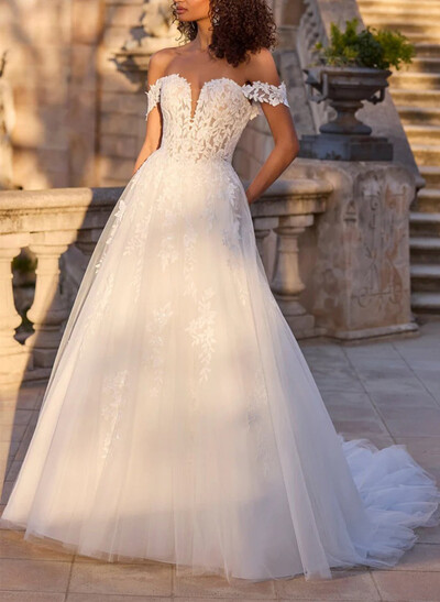 A-Line Off-The-Shoulder Sleeveless Court Wedding Dresses With Appliques Lace
