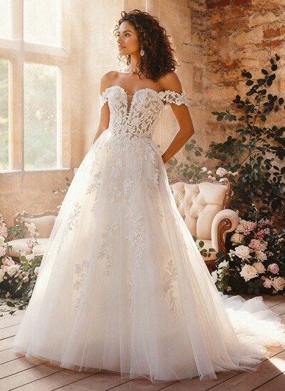 A-Line Off-The-Shoulder Sleeveless Court Wedding Dresses With Appliques Lace