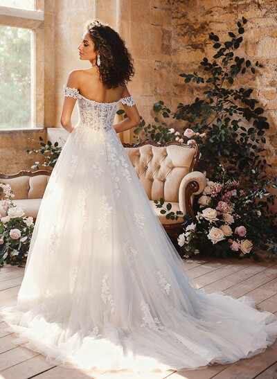 A-Line Off-The-Shoulder Sleeveless Court Wedding Dresses With Appliques Lace