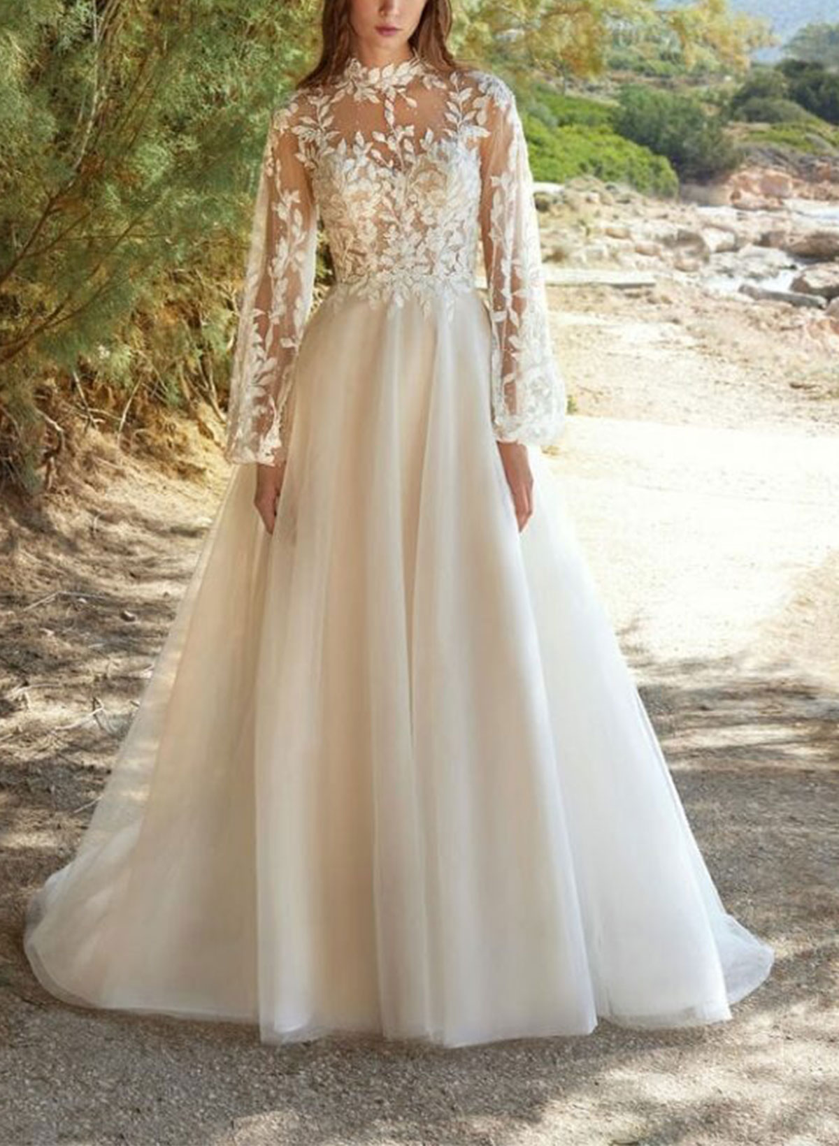 A-Line High Neck Long Sleeves Sweep Train Wedding Dresses With Appliques Lace