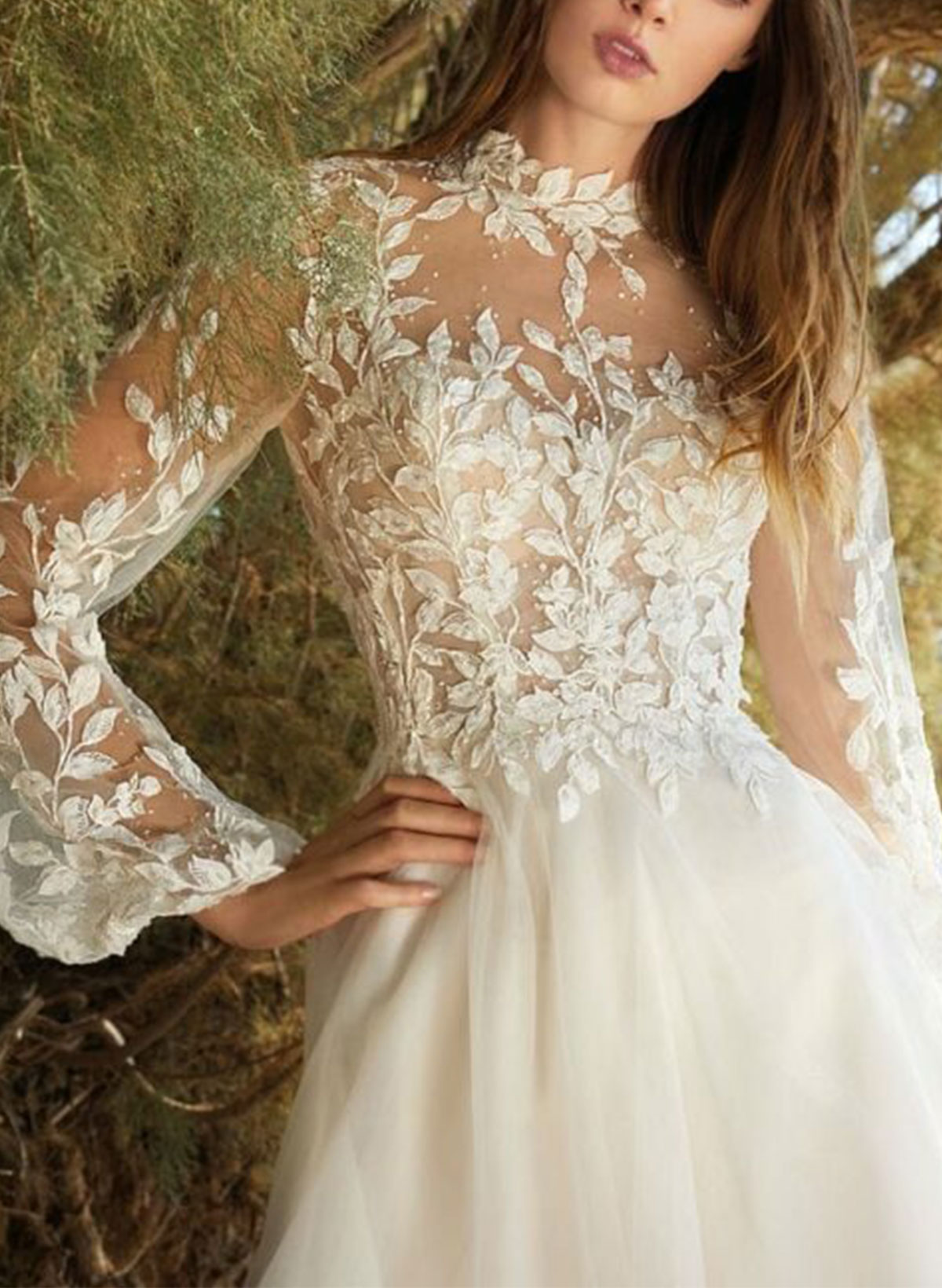 A-Line High Neck Long Sleeves Sweep Train Wedding Dresses With Appliques Lace