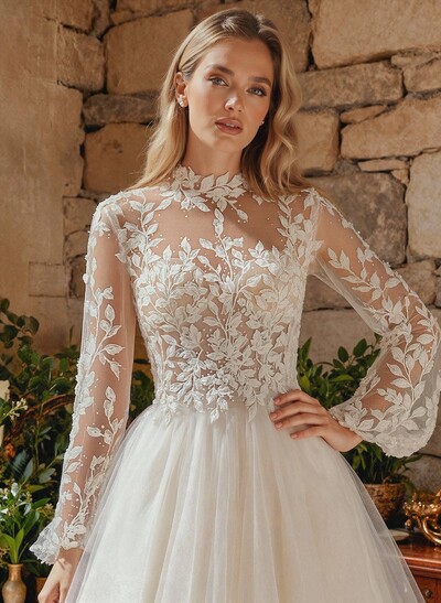 A-Line High Neck Long Sleeves Sweep Train Wedding Dresses With Appliques Lace