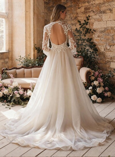 A-Line High Neck Long Sleeves Sweep Train Wedding Dresses With Appliques Lace