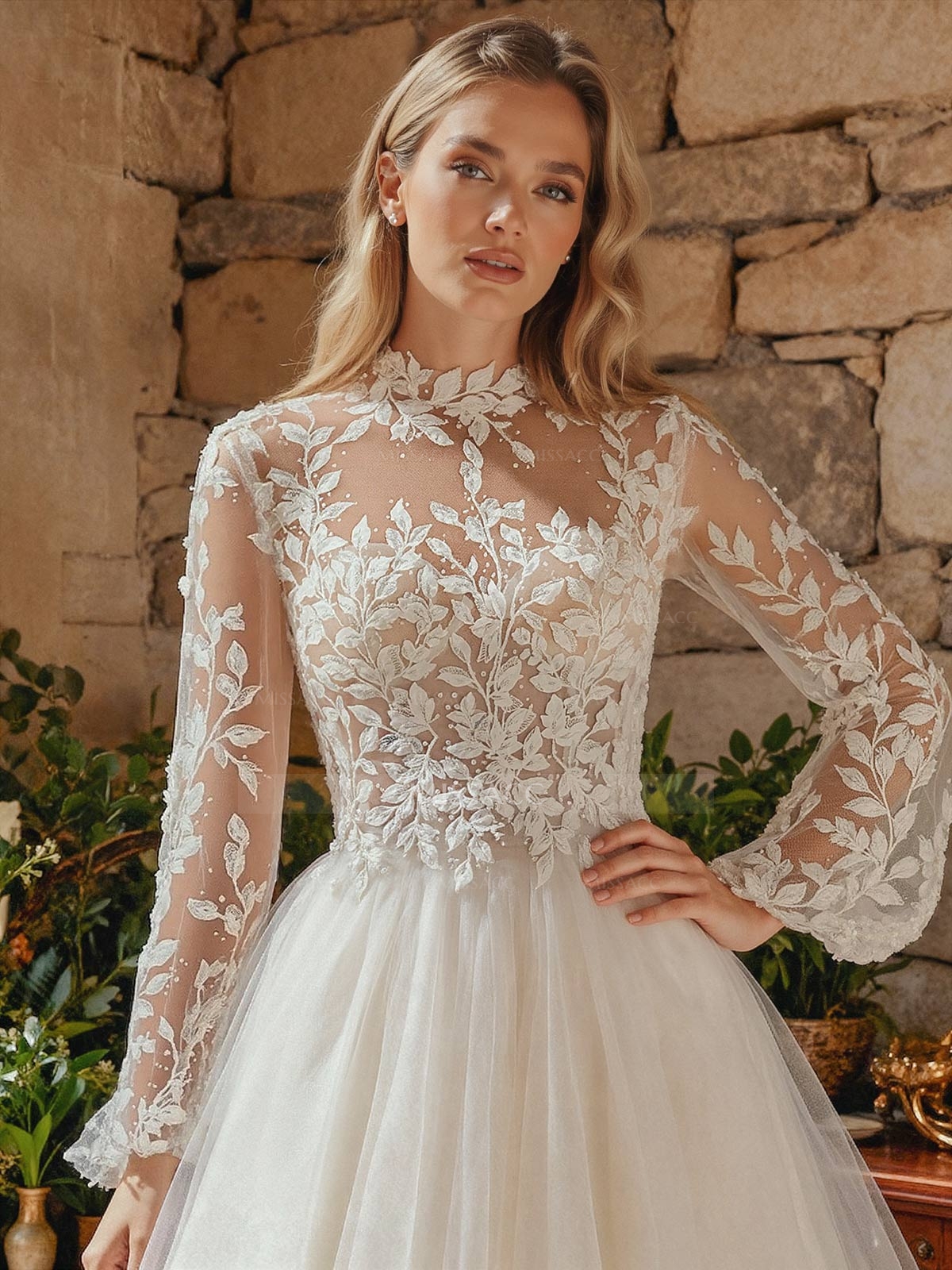 A-Line High Neck Long Sleeves Sweep Train Wedding Dresses With Appliques Lace