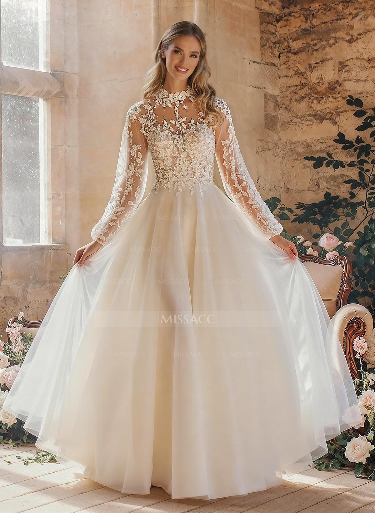 A-Line High Neck Long Sleeves Sweep Train Wedding Dresses With Appliques Lace