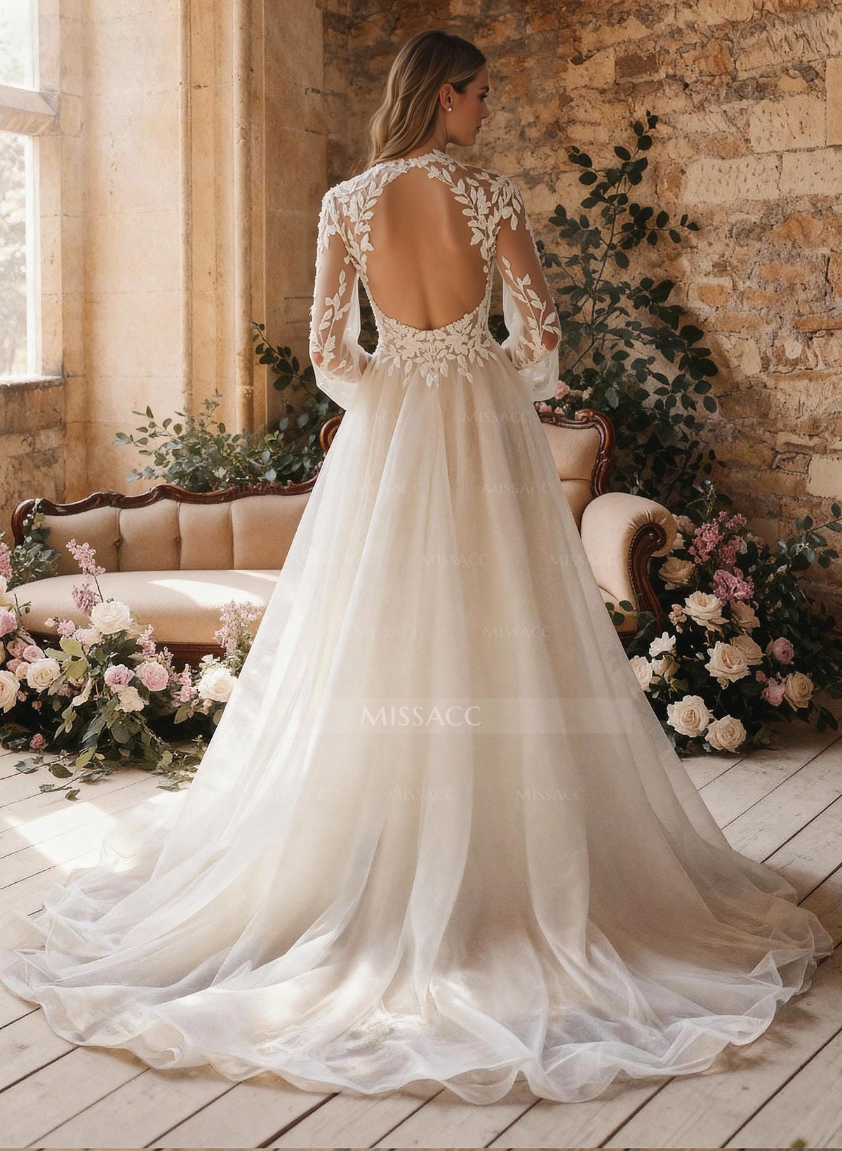 A-Line High Neck Long Sleeves Sweep Train Wedding Dresses With Appliques Lace