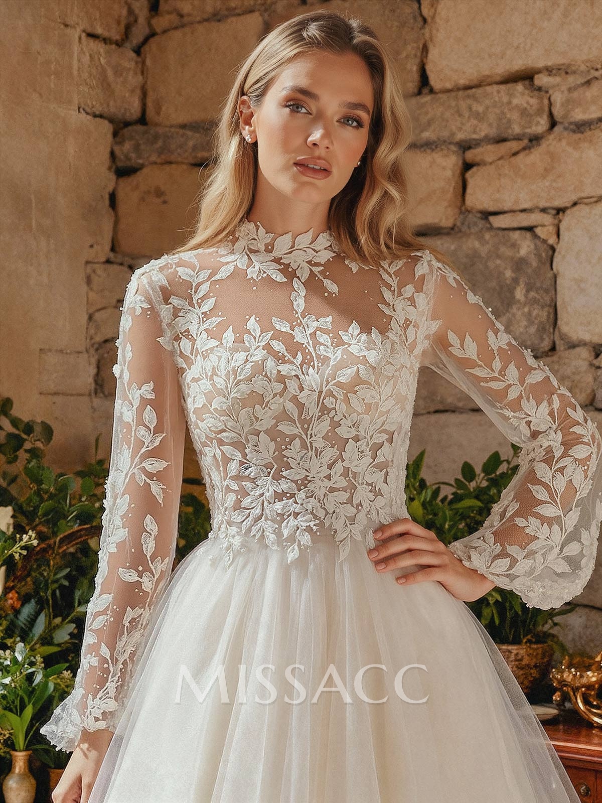 A-Line High Neck Long Sleeves Sweep Train Wedding Dresses With Appliques Lace