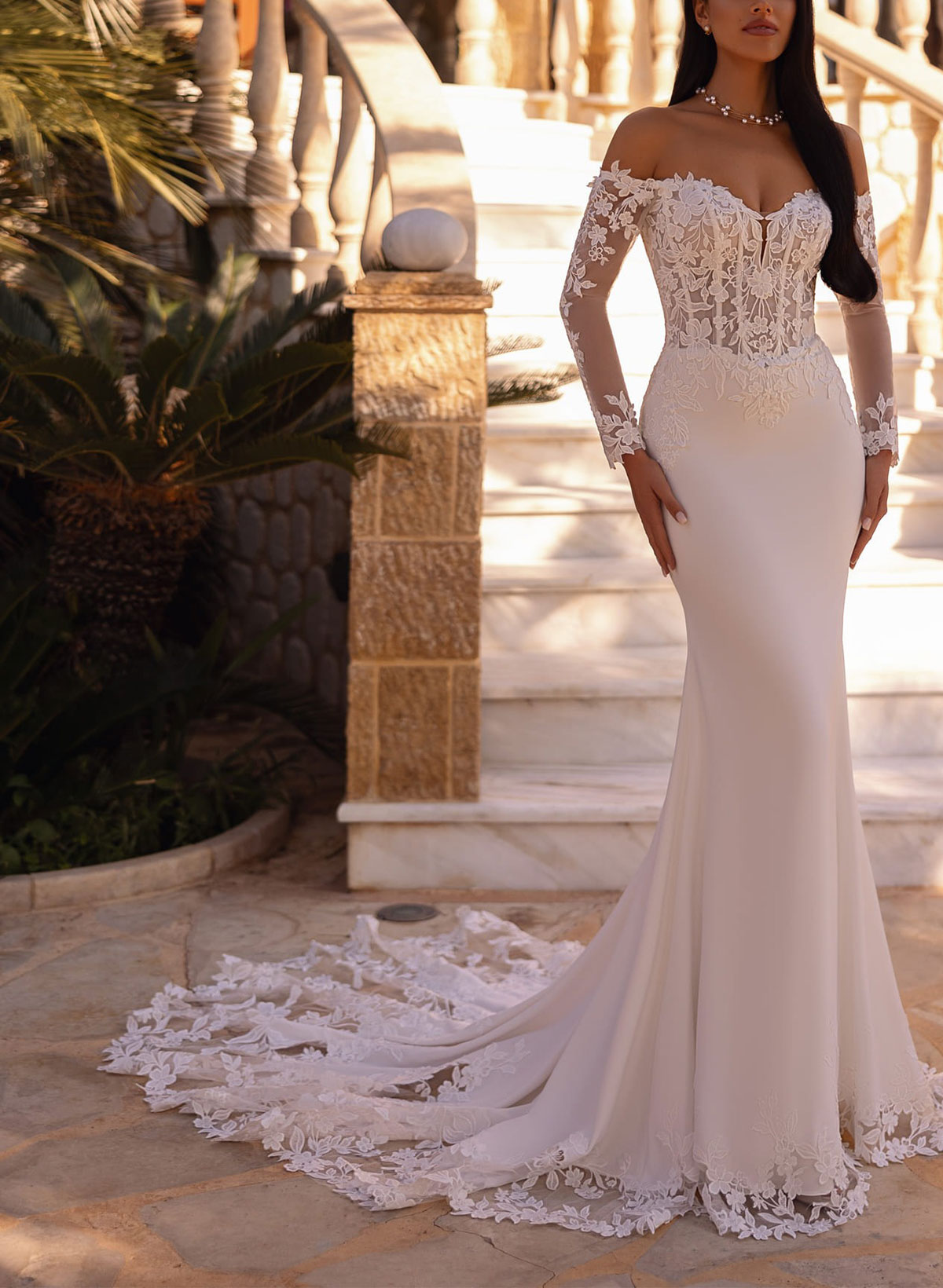 Trumpet/Mermaid Off-The-Shoulder Long Sleeves Court Train Elastic Satin Wedding Dresses