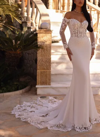 Trumpet/Mermaid Off-The-Shoulder Long Sleeves Court Train Elastic Satin Wedding Dresses